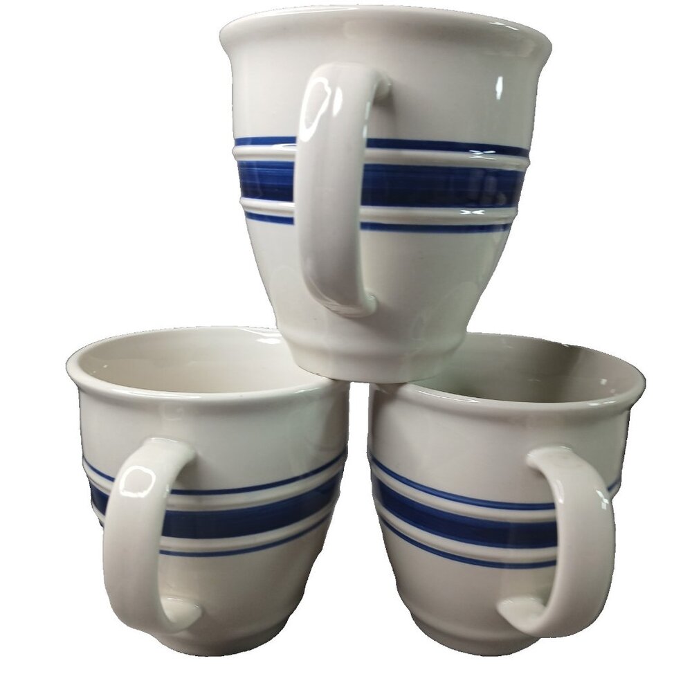 3 Country Crock   Large Coffee Mugs Cups Blue Stripes Vintage 90s Replacement